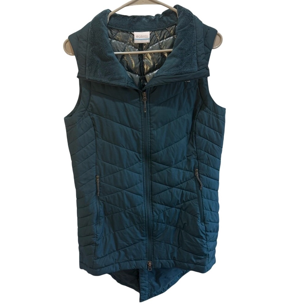 Columbia Heavenly Long Vest Womens Medium Teal Blue Quilted Omni-Heat Insulated